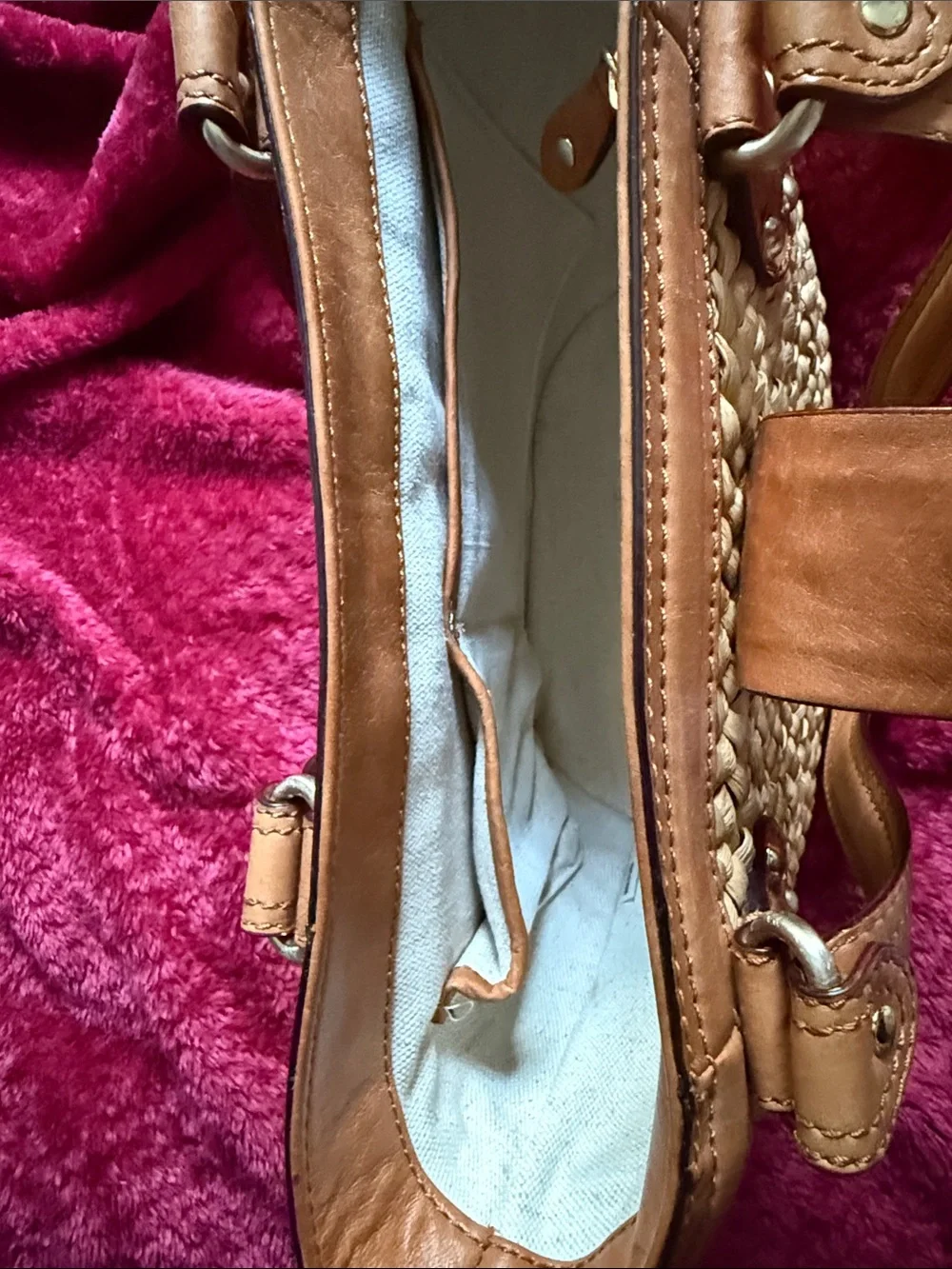 Michael Kors Basket Weave Straw Mini Tote with Tan Leather Trim.